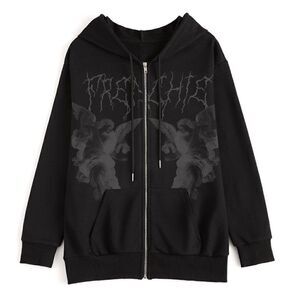 Emmiol Black Cherub Print Zipper Hoodie. Size Medium.  EUC!